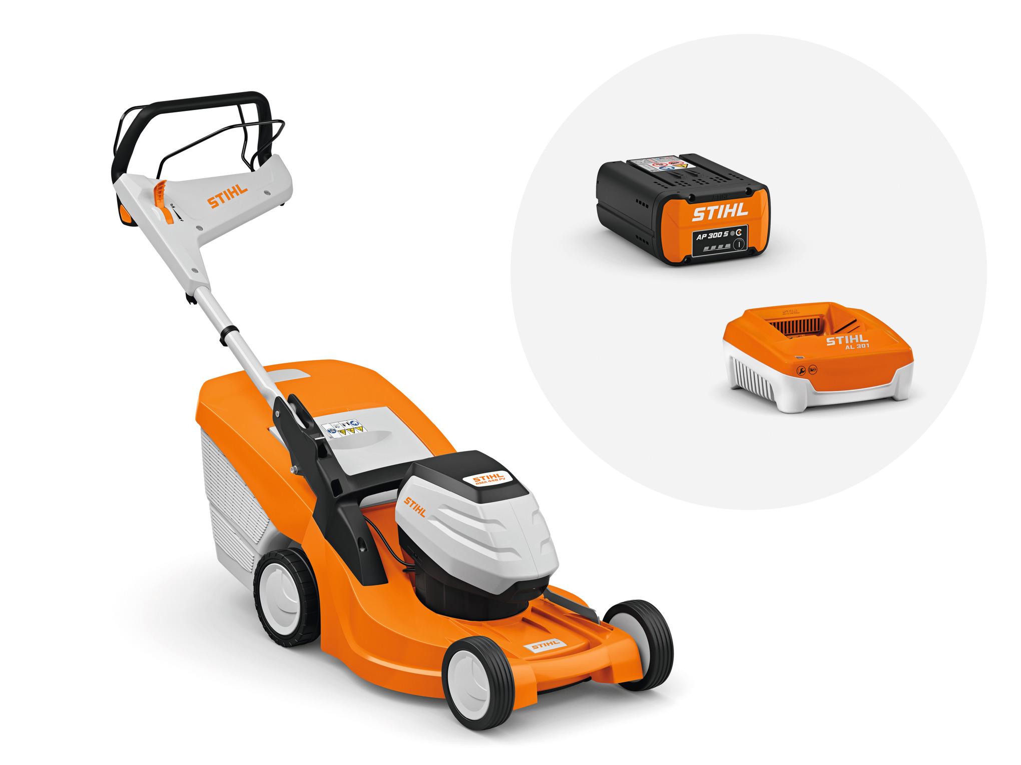 RMA 448 PV batterigressklipper sett med  AP 300 S batteri og AL 301 lader