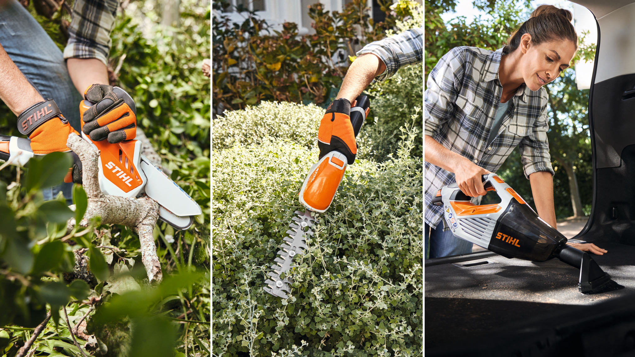 STIHL AS-system elektroverktøy: GTA 26 batteridrevet grensag, HSA 26 batteridrevet saks og SEA 20 batteridrevet håndstøvsuger