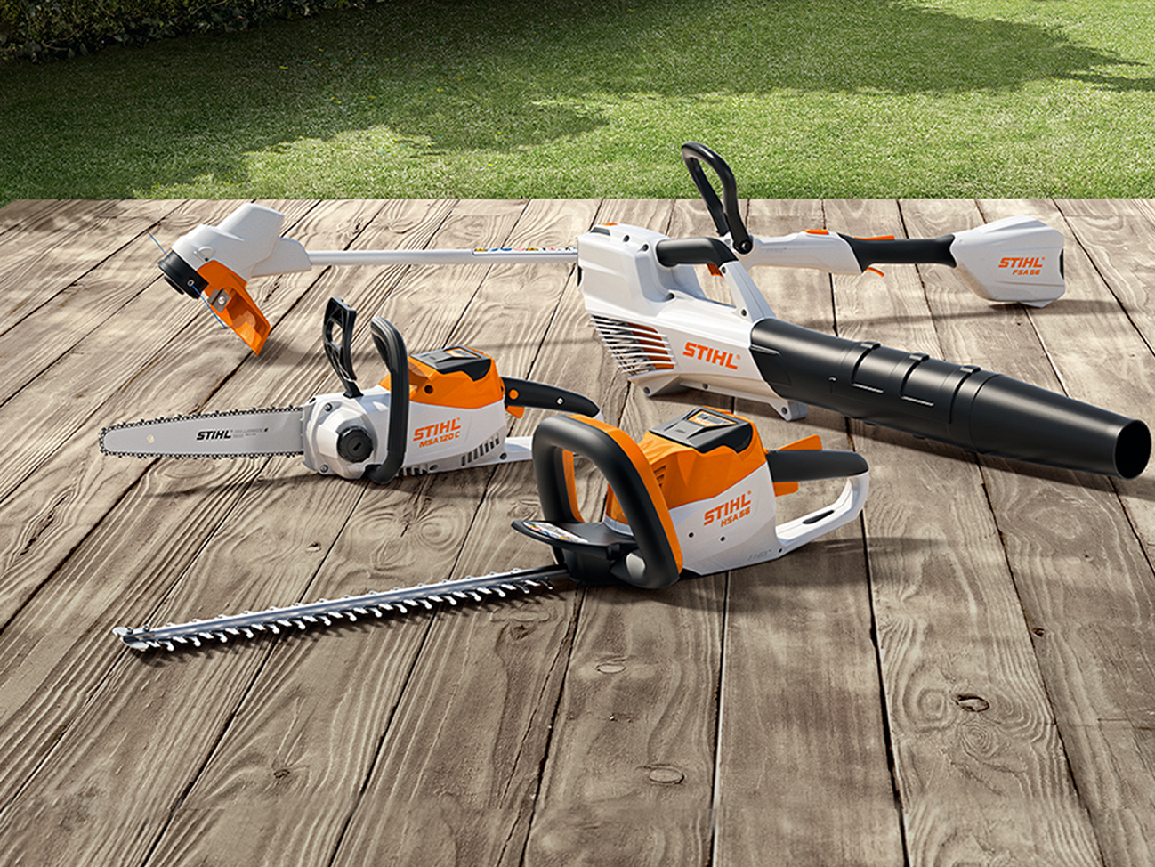 Batteridrevet motorsag STIHL MSA 120 C, gresstrimmer STIHL FSA 57, hekksaks STIHL HSA 56, løvblåser STIHL BGA 56