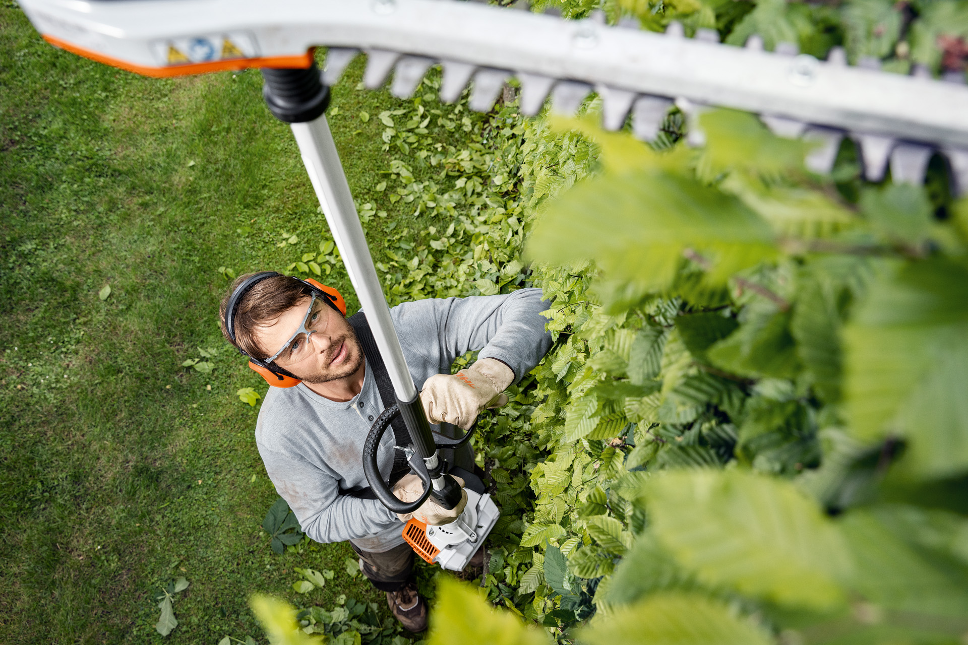 En mann i verneutstyr trimmer toppen av en høy hekk med en langskaftet hekksaks HL 94 fra STIHL