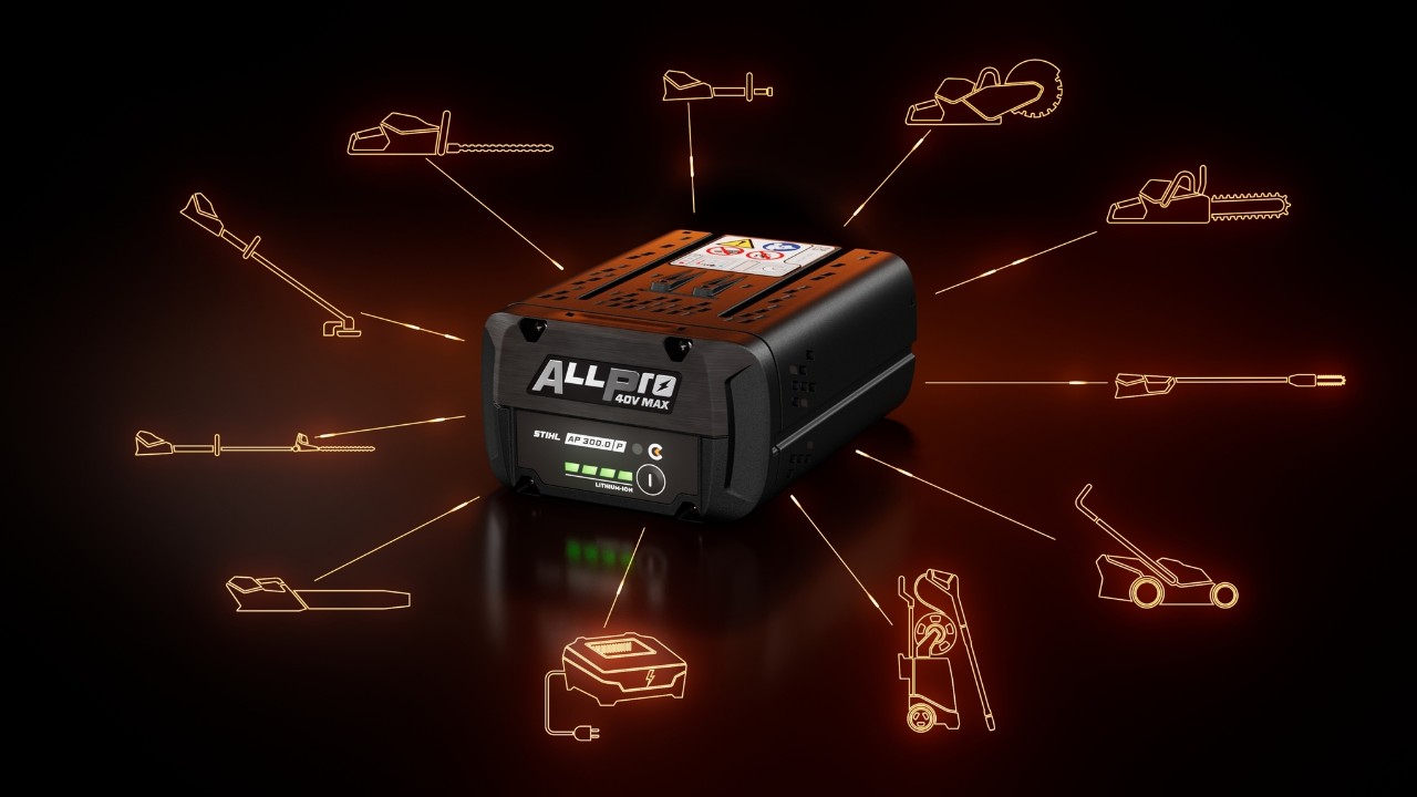 STIHL ALLPRO AP 300.0 P C-batteri med ulike produktkategorisymboler som angir kompatibilitet